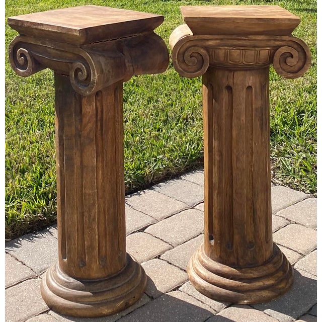 Pair Solid Wood Carved Ionic Column Pedestals Chairish