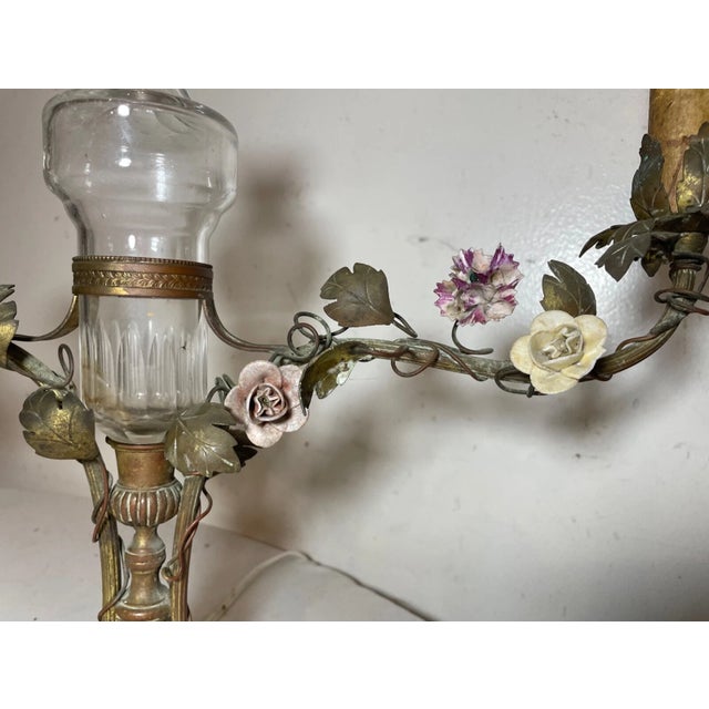 Antique Ornate French Gilt Bronze Porcelain Floral Crystal Vase Table Lamp Light For Sale - Image 4 of 12