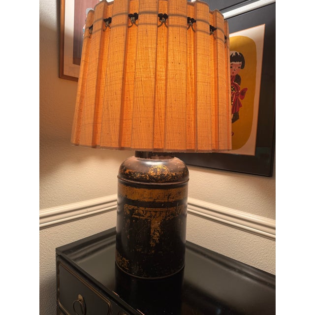 Vintage Chinoiserie Toleware Tea Canister Lamp With Pleated Shade For Sale - Image 13 of 13