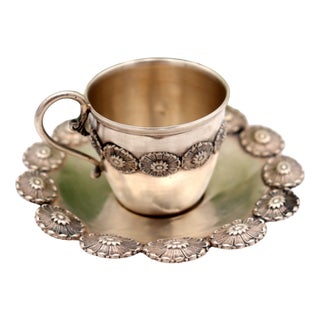 Silver Cup and Saucer with Reliefs, Set of 2 For Sale