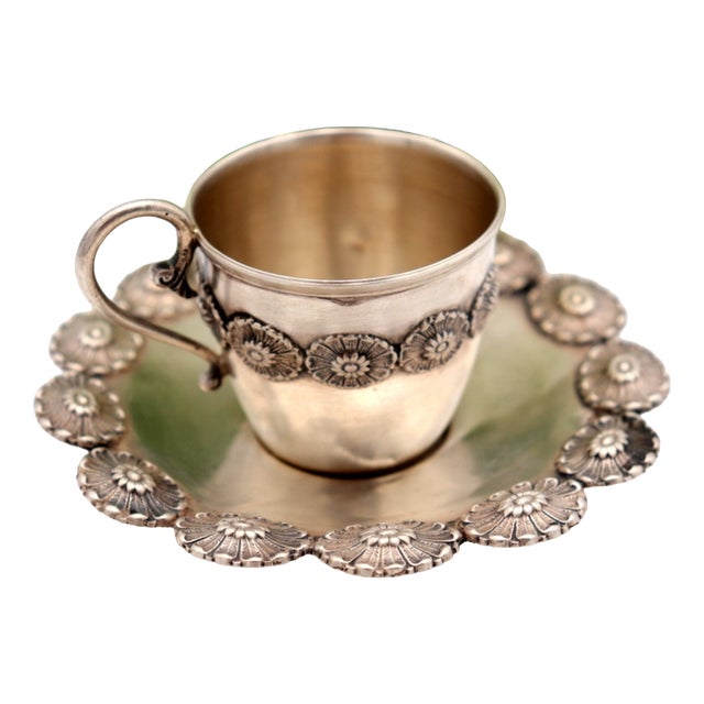 Silver Cup and Saucer with Reliefs, Set of 2 For Sale