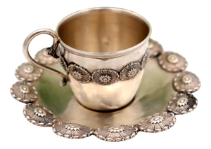 Silver Cup and Saucer with Reliefs, Set of 2