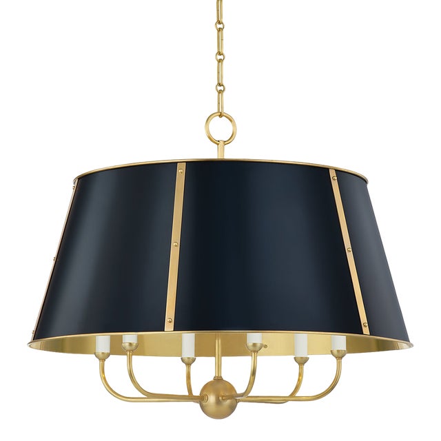 Mark D. Sikes 6 Light Cambridge Chandelier, Aged Brass & Darkest Blue For Sale