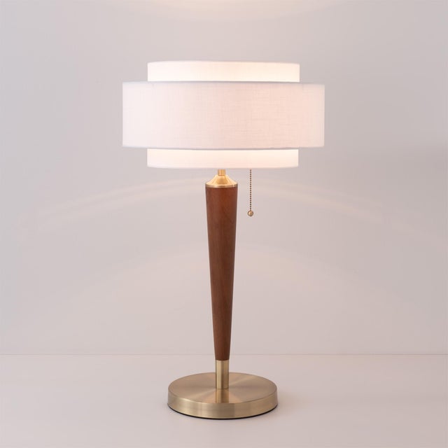 Mid-Century Modern Pasadena Table Lamp 27" H - Dark Walnut Wood, White Linen Drum Shade, Dimmable, Bulb Included For Sale - Image 3 of 6