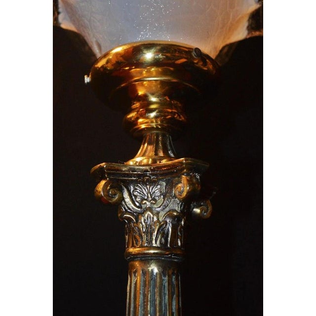 British Brass Corinthian Column Table Lamp with Vaseline Glass Shade, 1940s For Sale - Image 11 of 14
