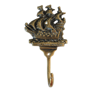 Vintage Nautical Solid Brass Wall Hook Featuring an Elizabethan Galleon Ship