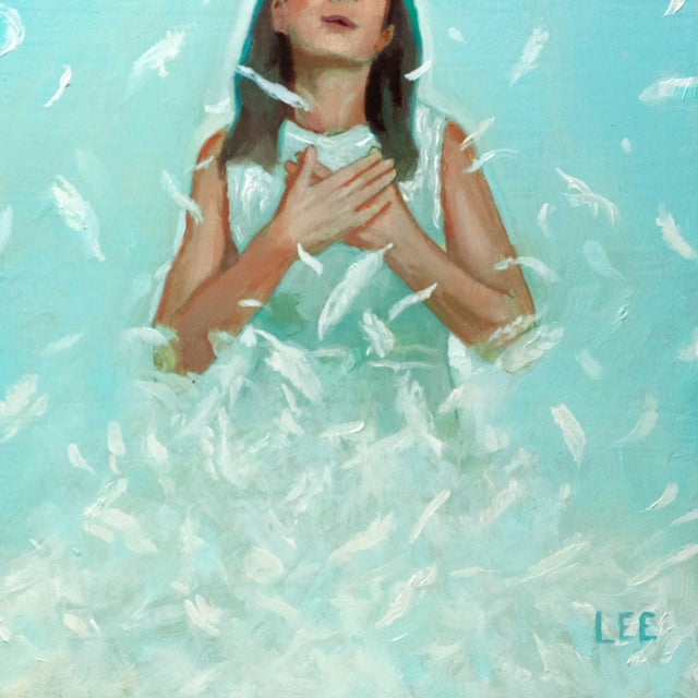 Breathe by Bernard Lee | Oil on ACM Painting of a woman surrounded by feathers For Sale