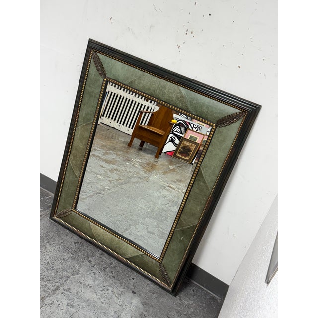 Late 20th Century French Art Deco Leather + Nailhead Framed Wall Mirror For Sale - Image 5 of 12