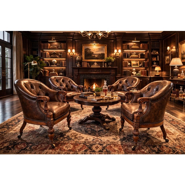 Traditional Set of 4 Late 20th Century English Regency Revival Tufted Leather Library Club Chairs With Carved Wood Arms For Sale - Image 3 of 10