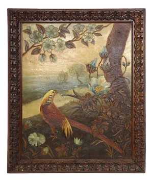 Pheasant in Nature, 1800s, Oil on Leather, Framed