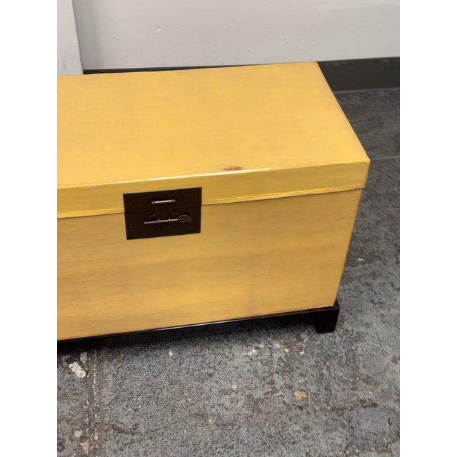 Chinese Lift-Top Yellow Leather Trunk, Vintage For Sale - Image 9 of 12