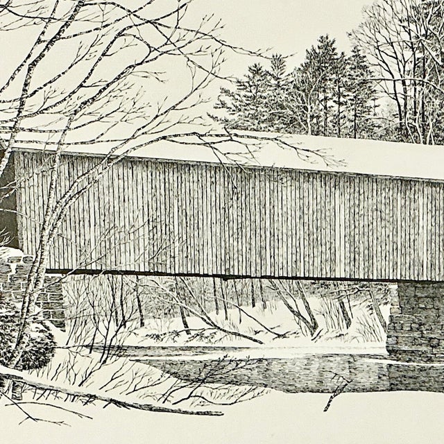 Mid-Century Americana Rustic Lithograph From Pencil Drawing, Covered Bridge Framed. For Sale - Image 12 of 13