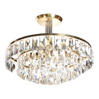 Mid-Century 3-Tier Faceted & Cut Crystal Chandelier in Brass W/ Glass Rod Detail For Sale