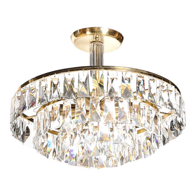 Mid-Century 3-Tier Faceted & Cut Crystal Chandelier in Brass W/ Glass Rod Detail For Sale