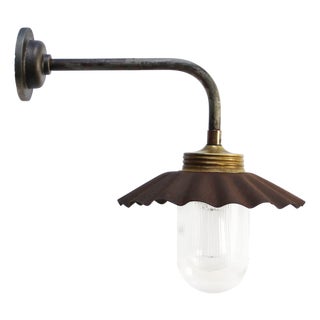 Vintage Industrial Rust Iron & Brass with Clear Striped Glass Wall Lights For Sale