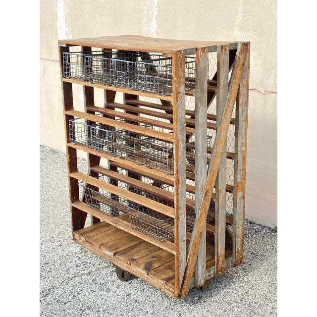 Antique Industrial Distress Gray Wooden Rolling Shelf Storage Cart Store Display For Sale - Image 12 of 12