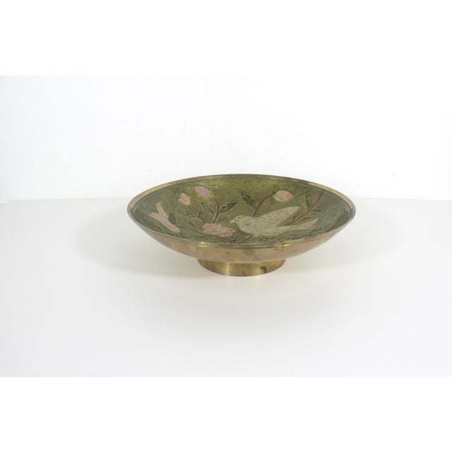 Vintage Enamelled Brass Pedestal Bowl Hand Painted Enamel Birds and Flowers For Sale - Image 9 of 13