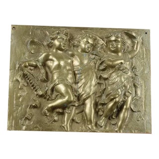 Brass Fusion Plaque with Cherubs and Dancing Musicians For Sale
