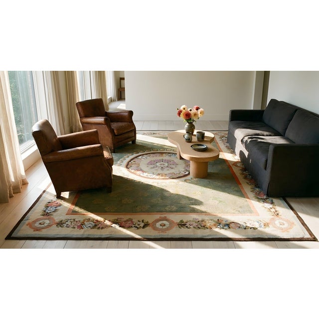 1820s Green Floral Medallion Flat Weave Antique French Aubusson Rug 8' 8" X 12' 6" Wool Carpet For Sale - Image 13 of 14