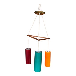 Danish Modern Teak and Colored Glass Pendant Ceiling Light For Sale