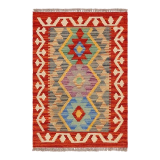 Retro Turkish Kilim Red Beige Hand-Woven Wool Rug For Sale