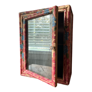 Antique Late 19th Century Hand-Painted Blue Hydrangea Wicker Cabinet With Mirror & Cut Glass Knob