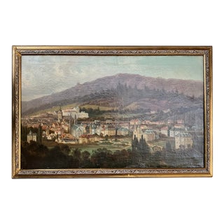 C. 1890 Antique Central European Cityscape Oil Painting With Cathedral and Hillside Castle Framed For Sale