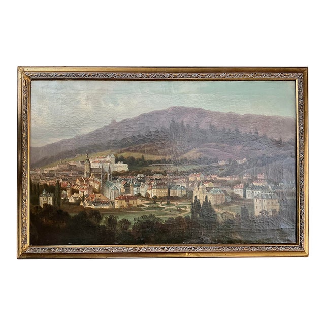 C. 1890 Antique Central European Cityscape Oil Painting With Cathedral and Hillside Castle Framed For Sale