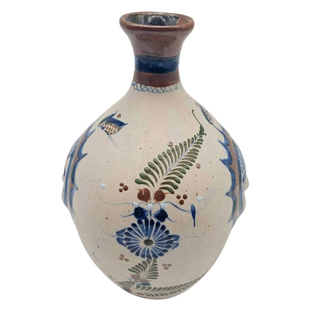 VTG Tonala Folk Art Pottery Vase Bottle Sun Face Hand Painted Mexico 9.5" For Sale In San Francisco - Image 6 of 10