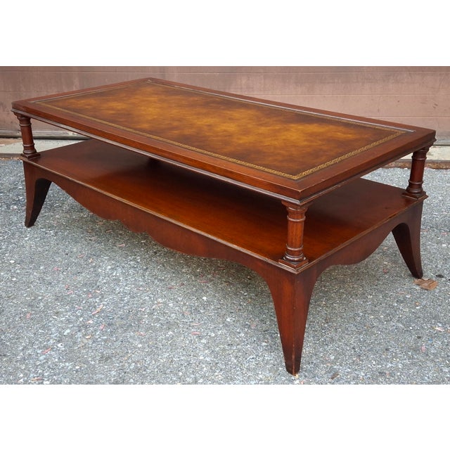 1940s English Regency Style Tooled Leather Inset Mahogany Two-Tier Coffee Table For Sale - Image 10 of 15