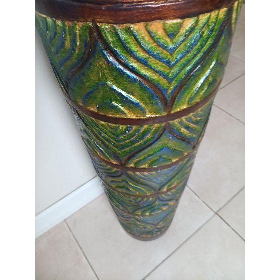 1980s Tall Decorative Ceramic Floor Vase Bronze Neck Textured Embossed Peacock-Feather and Geometric Pattern For Sale - Image 4 of 4