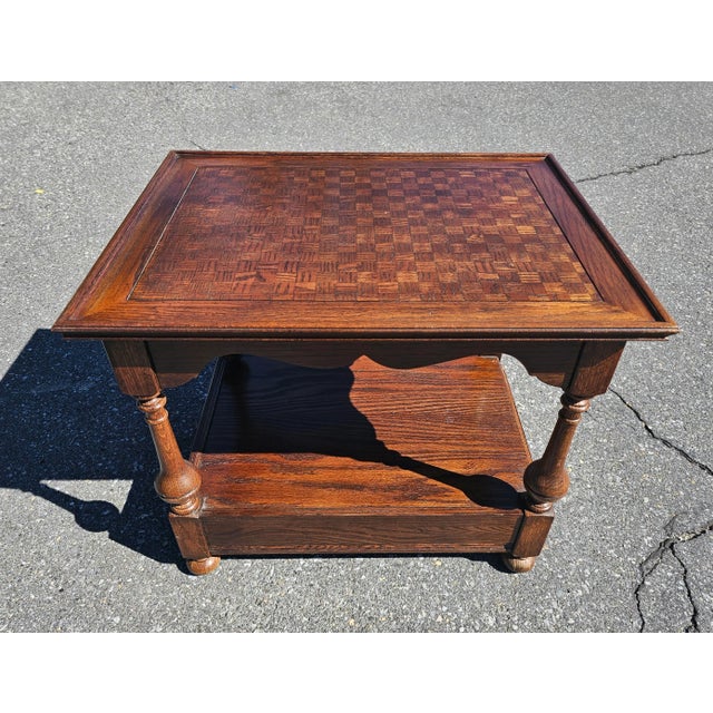 Mid-Century Ethan Allen Two-Tier Oak Parquet Single Drawer Side Table For Sale In Washington DC - Image 6 of 9