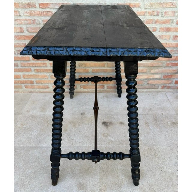 Brown Early 20th Century Spanish Side Table with Turned Legs and Iron Stretcher, 1920s For Sale - Image 8 of 9