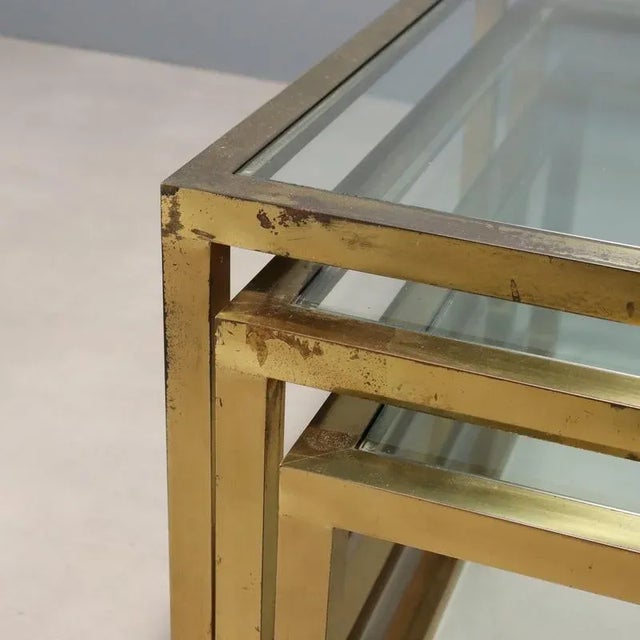 Metal Glass and Brass Nesting Coffee Tables, 1960s-1970s, Set of 3 For Sale - Image 7 of 9