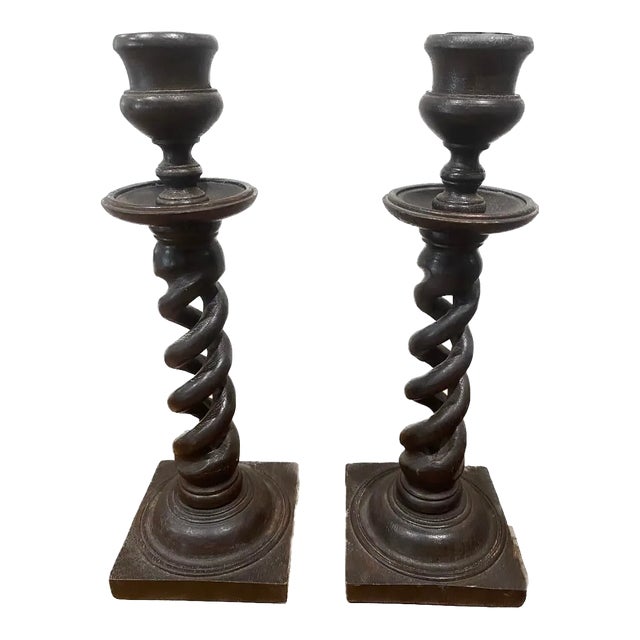 Pair of 19th Century Open Twist Wood Candlesticks For Sale