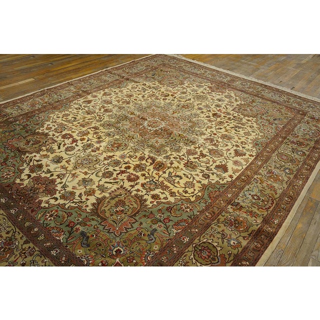 Persian 1940s Ivory Medallion Antique Persian Tabriz Rug 7' 5" X 10' 5" Handknotted Wool Carpet For Sale - Image 3 of 6
