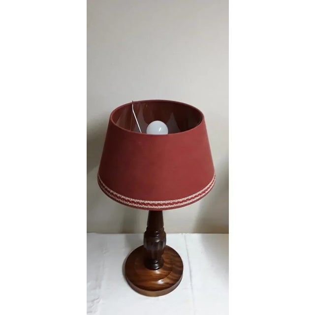 Vintage Table Lamp with Turned Mahogany Foot and Red Fabric Umbrella, 1970s For Sale - Image 3 of 7