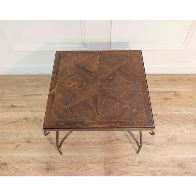 French 1980s French Coffee Table with Old Wind Rose Parquet Top and Wrought Iron Base For Sale - Image 3 of 7