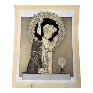 Original Signed Graphite Illustration of Praying Boy With Dog and Christmas Wreath, 12 × 10 In. For Sale