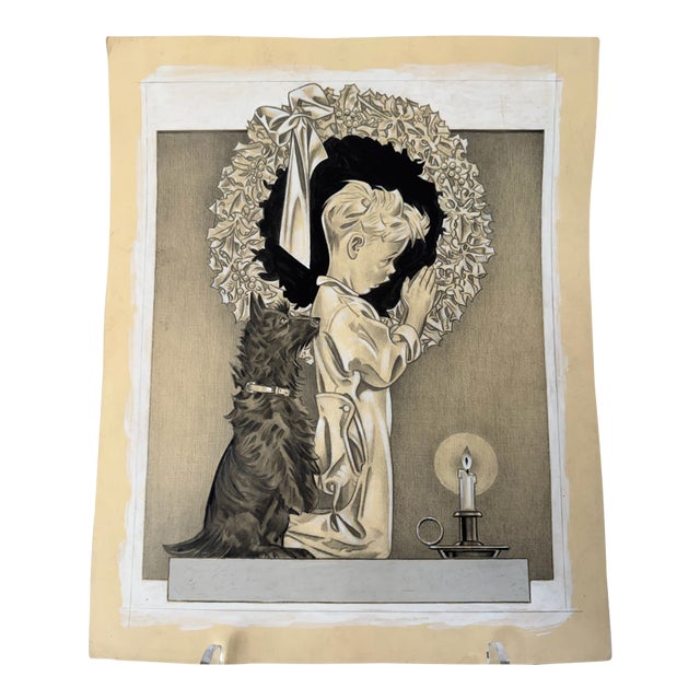 Original Signed Graphite Illustration of Praying Boy With Dog and Christmas Wreath, 12 × 10 In. For Sale