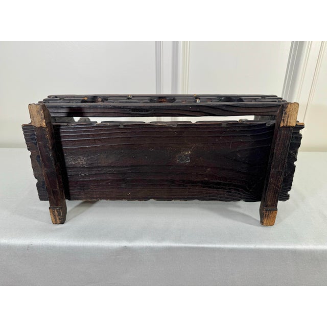 Vintage Mid Century Spanish Revival Solid Wood & Brass Three Wine Bottle Holder For Sale - Image 12 of 12