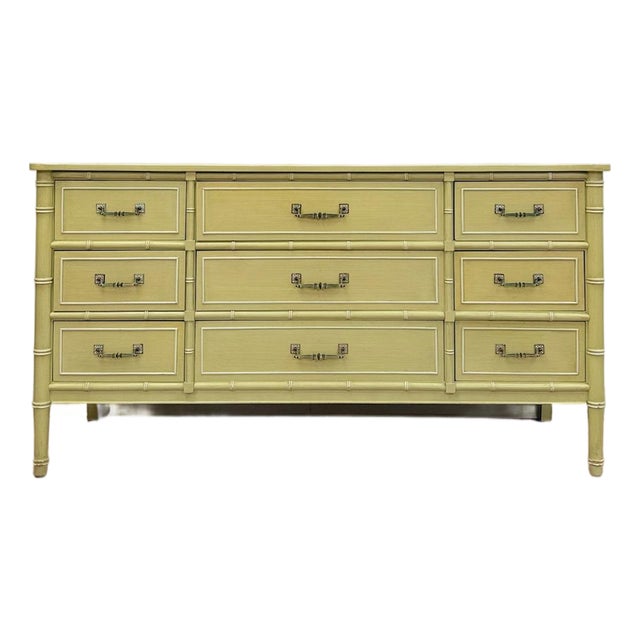 Mid 20th Century Coastal Henry Link Bali Hai Green Faux Bamboo 9 Drawer Dresser Hollywood Regency For Sale