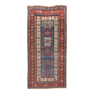 Late 19th Century Red and Blue Antique Caucasian Kazak Runner With Vertical Tribal Medallions For Sale