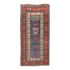 Late 19th Century Red and Blue Antique Caucasian Kazak Runner With Vertical Tribal Medallions