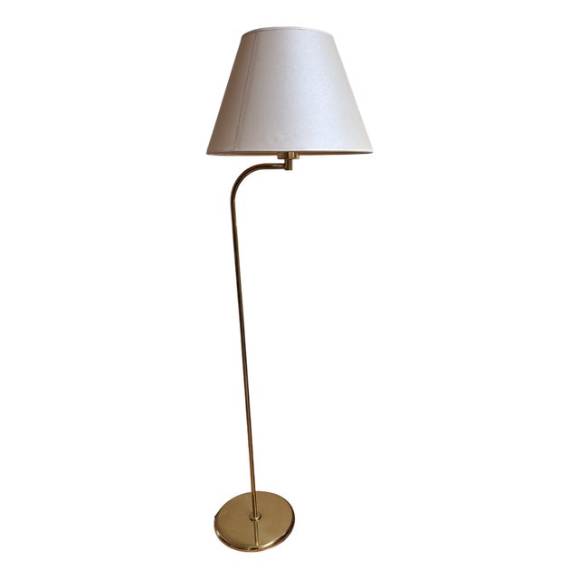 Vintage Floor Lamp with Brass Frame and Cream-Colored Fabric Shade, 1980s For Sale