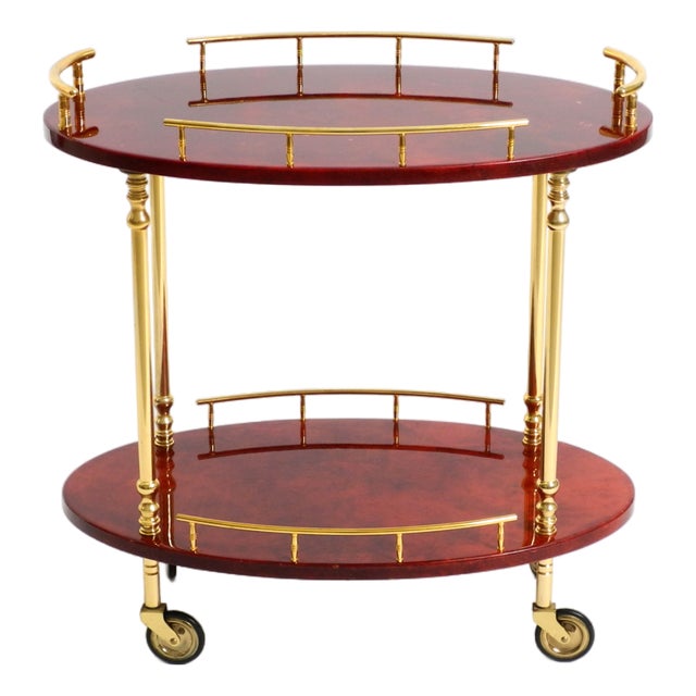 Serving Bar Cart in Cherry-Red Goatskin from Aldo Tura, Italy, 1960s For Sale