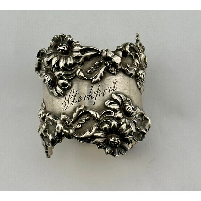 Outstanding Large Antique Fancy Art Nouveau Flower Design Sterling Silver Napkin Ring Dated 1903 For Sale - Image 4 of 18