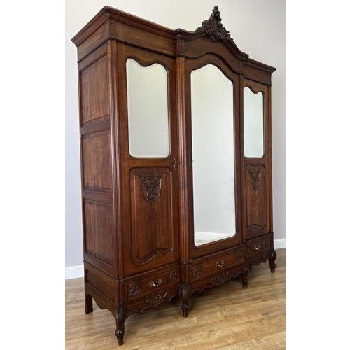 Antique French Rocaille Carved Oak 3-Door Armoire with Mirror For Sale - Image 3 of 14