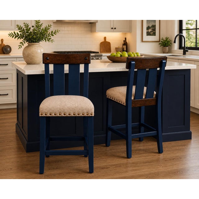 Modern Late 20th Century Set of 2 Counter Height Stools – Deep Navy Blue Finish With Upholstered Seats & Nailhead Trim For Sale - Image 3 of 3