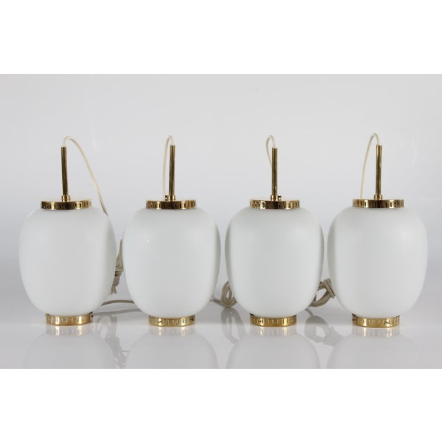 Mid-Century Modern Opaline Glass and Brass Pendant Lamp by Bent Karlby for Lyfa, 1960s, Set of 4 For Sale - Image 3 of 11